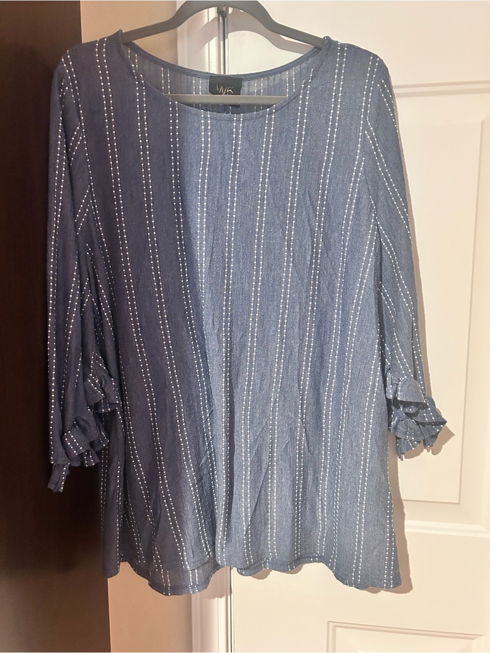 W5 Blue Striped Ruffle-Sleeve Women's Top